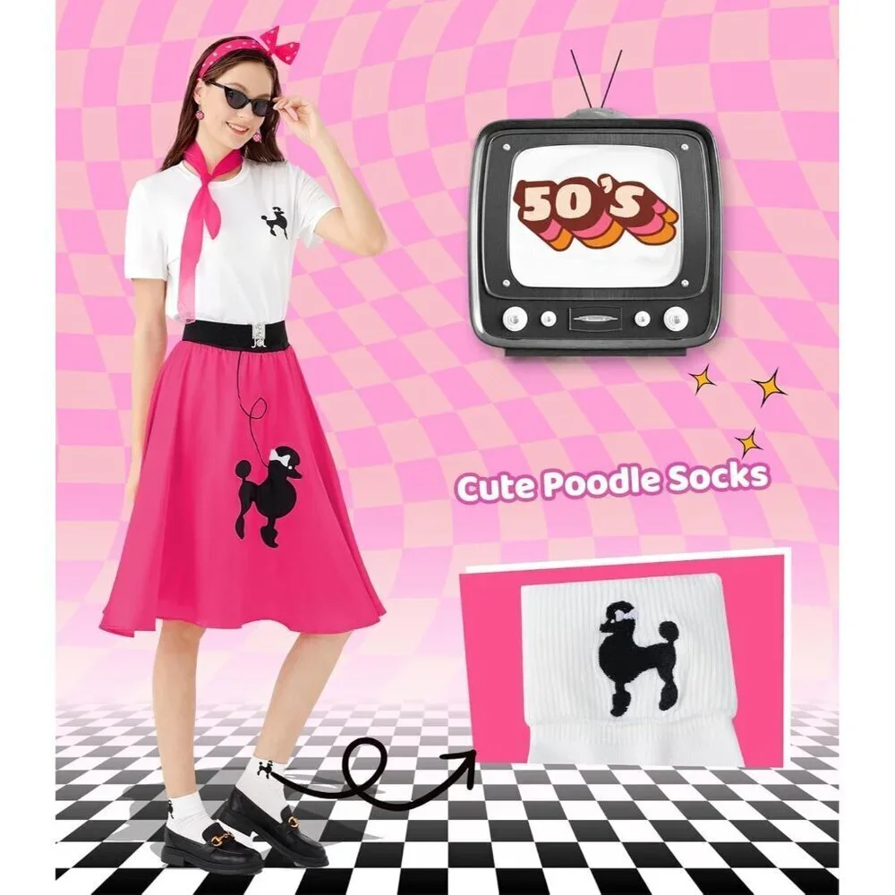 Women 10Pcs 1950s Poodle Skirt Outfit Set Retro Sock Hop Vintage Style